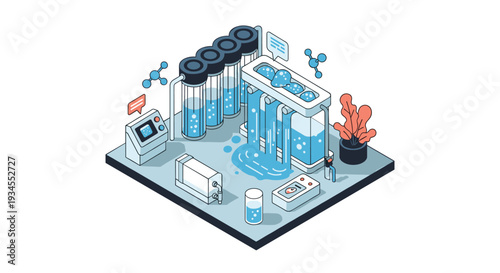 An isometric vector illustration shows a modern water filtration and purification plant with tanks, pipes, and control interfaces.