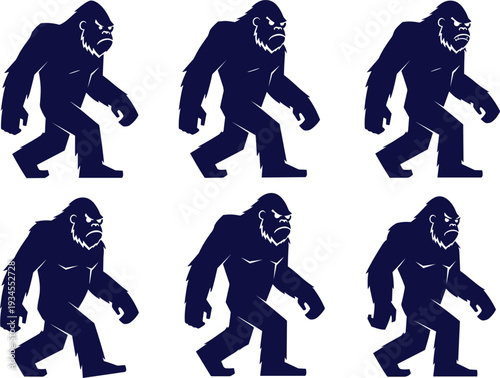 Bigfoot Silhouette Vector Illustration Set, Sasquatch Walking Poses Collection in Flat Design, Mythical Creature Cryptid Character Black and White Clipart
