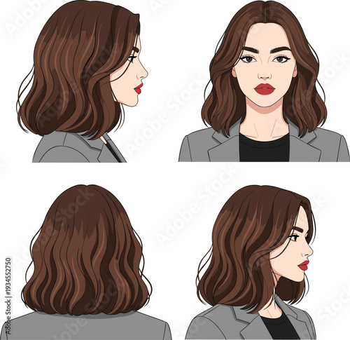 Woman character turnaround sheet, brunette female avatar different angles, front side back view portrait, cartoon girl hairstyle vector