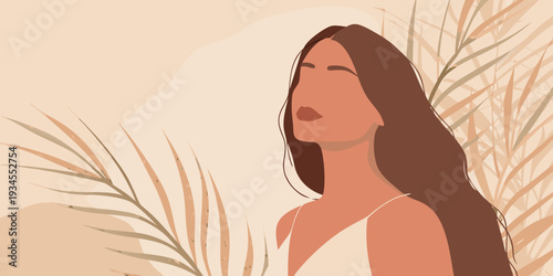 Stylized illustration of a woman with long hair and tropical foliage