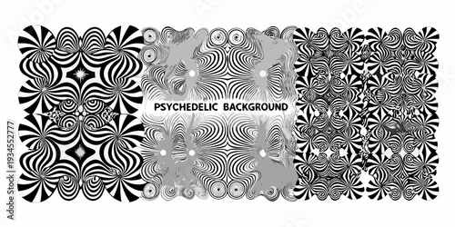 Optical illusion patterns in black and white create a dizzying visual effect