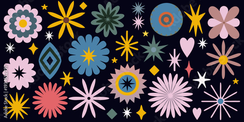 A colorful assortment of abstract floral and geometric shapes on black