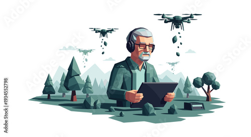 A low-poly illustration depicts an elderly man with headphones using a tablet to operate drones for reforestation in a stylized mountain and forest landscape.