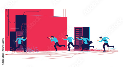 A stylized illustration depicts businessmen running in panic from a large red server building, suggesting a data breach or system failure in a tech environment.