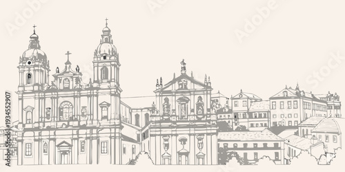 Detailed sketch of a european cityscape with ornate religious buildings