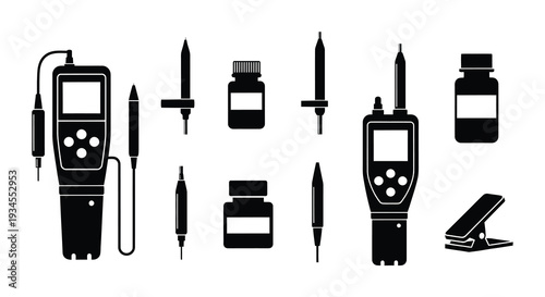 Collection of black silhouette icons representing various tools and devices
