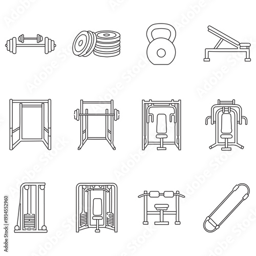 Black and White Fitness Graphics for Gym Apparel, Vintage Bodybuilding Emblems with Barbell Kettlebell and Squat Rack
