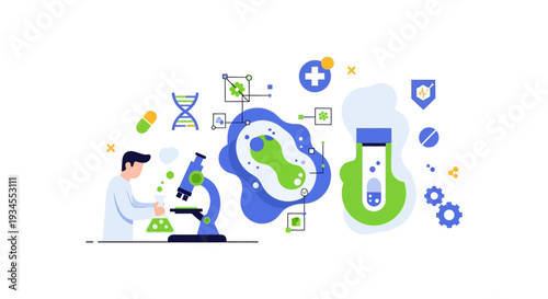 Biotechnology and Medical Research Concept: Scientist in Lab with DNA, Cells, and Healthcare Innovation