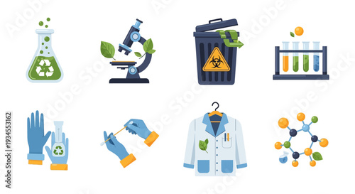 Green Science & Biotechnology Lab Icons: Sustainable Research, Eco-friendly Chemistry & Environmental Innovation