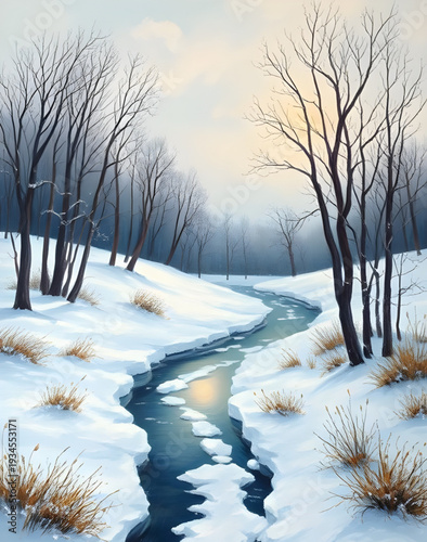 winter, landscape, snow, trees, pine, forest, oilpainting, painting, artwork, art, canvas, texture, brushstroke, nature, scenery, scenic, cold, frosty, icy, white, blue, sky, clouds, snowfall, serene,