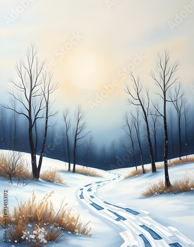 winter, landscape, snow, trees, pine, forest, oilpainting, painting, artwork, art, canvas, texture, brushstroke, nature, scenery, scenic, cold, frosty, icy, white, blue, sky, clouds, snowfall, serene,
