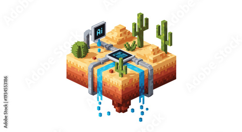 A futuristic AI-powered water generation system on a floating pixel art desert island with cacti and cascading water streams.