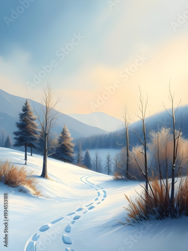 winter, landscape, snow, trees, pine, forest, oilpainting, painting, artwork, art, canvas, texture, brushstroke, nature, scenery, scenic, cold, frosty, icy, white, blue, sky, clouds, snowfall, serene,