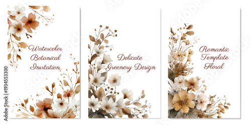 Watercolor botanical floral cards collection showing elegant design templates featuring delicate blossoms and brown greenery arranged beautifully on a white background