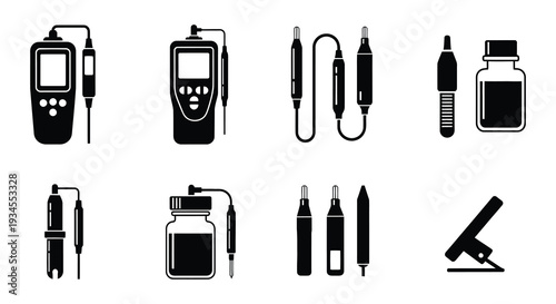 Collection of black silhouette icons representing various tools and devices