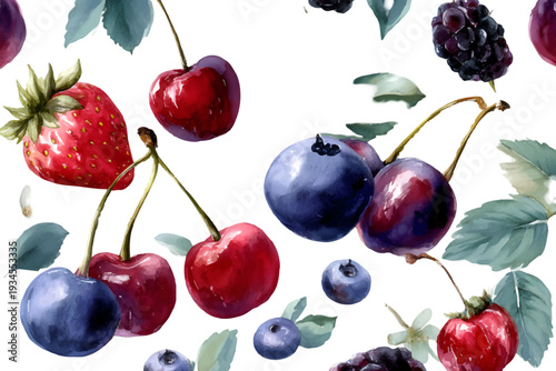 Fresh watercolor pattern of ripe strawberries, cherries, blueberries and blackberries on white, vibrant summer fruits celebrating organic, healthy and colorful eating