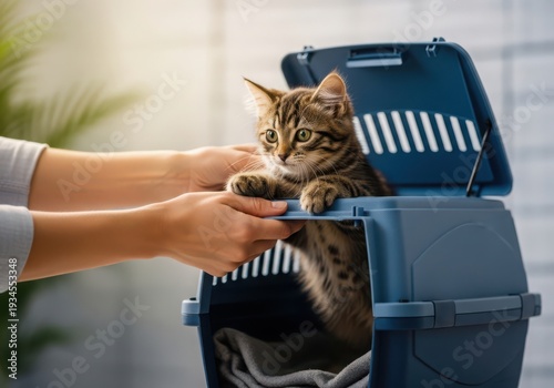 Tabby Kitten Being Placed into Blue Pet Carrier by Human Hands