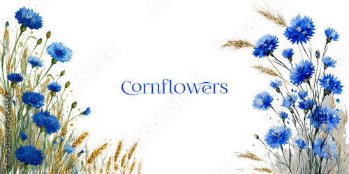 Cornflowers watercolor painting creating a floral art design with vibrant blue blooms among golden wheat ears, forming a botanical border on a clean white background