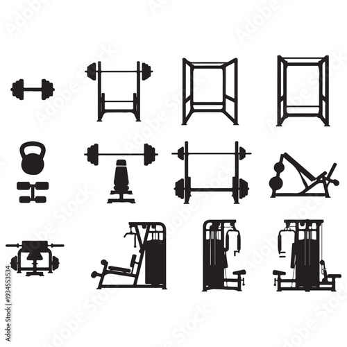 Gym and Fitness Equipment Vector Illustrations,Vintage Bodybuilding Emblems with Barbell Kettlebell and Squat Rack, Black and White Fitness Graphics for Gym Apparel