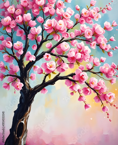 sakura, cherryblossom, tree, blossoms, flowers, floral, spring, oil, painting, artwork, art, canvas, texture, brushstroke, nature, garden, landscape, petals, pink, soft, bloom, blooming, delicate, rom