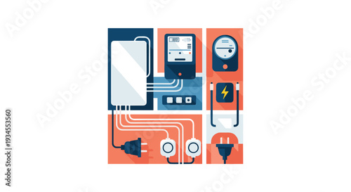 A flat design graphic showcasing various home electrical components, including a smart meter, boiler, plugs, and sockets, arranged neatly.