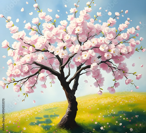 sakura, cherryblossom, tree, blossoms, flowers, floral, spring, oil, painting, artwork, art, canvas, texture, brushstroke, nature, garden, landscape, petals, pink, soft, bloom, blooming, delicate, rom