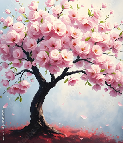 sakura, cherryblossom, tree, blossoms, flowers, floral, spring, oil, painting, artwork, art, canvas, texture, brushstroke, nature, garden, landscape, petals, pink, soft, bloom, blooming, delicate, rom