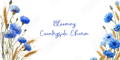 Watercolor cornflowers and wheat ears border framing copy space, symbolizing a blooming countryside charm and natural beauty, perfect for romantic invitations or rustic designs