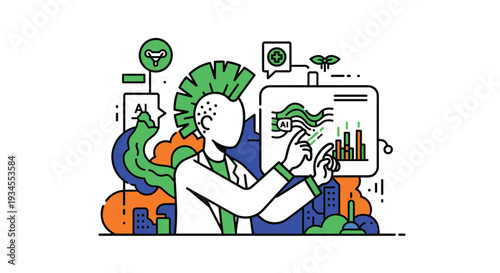 A scientist with a green punk mohawk analyzes data on a futuristic AI-powered transparent screen in a stylized urban environment illustration.