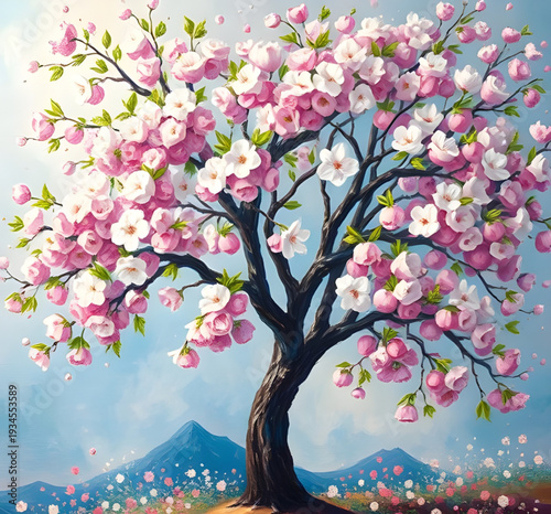 sakura, cherryblossom, tree, blossoms, flowers, floral, spring, oil, painting, artwork, art, canvas, texture, brushstroke, nature, garden, landscape, petals, pink, soft, bloom, blooming, delicate, rom