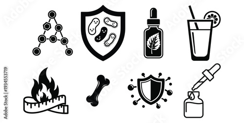 Black and white icons related to health wellness and nutrition