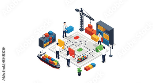 An isometric view of a logistics team organizing a supply chain map with shipping containers, cargo ships, and a crane for global distribution.