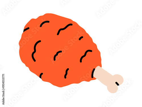 Hand drawn illustration of grilled drumstick. Flat vector crispy poultry meal doodle. Roasted chicken or turkey leg. Street takeaway food sticker, icon. Thanksgiving or Christmas menu. Isolated.