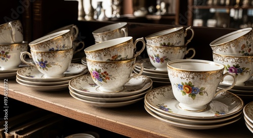 Wallpaper Mural Vintage Floral China Teacups and Saucers Stacked on an Antique Wooden Shelf Torontodigital.ca