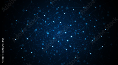 The concept of global digital network connectivity technology. Glowing blue lines with shimmering light effects on a dark blue background.
