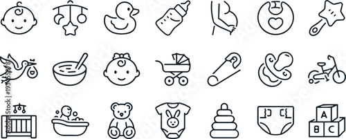 Baby care outline icons set, newborn nursery essentials collection, infant accessories vector illustration isolated on white background