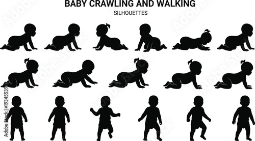 Baby Crawling and Walking Silhouettes Collection, Infant Development Stages, Toddler Growth Milestones Isolated on White Background Vector Illustration
