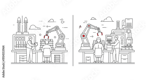 A two-panel line art illustration showing the evolution of a factory assembly line with a human worker and a collaborative robotic arm.