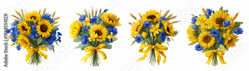 Watercolor bouquets displaying vibrant yellow sunflowers, blue cornflowers, and golden wheat ears, tied with a yellow ribbon, symbolizing peace, hope, and support
