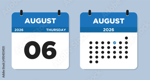 August 6 2026 (Thursday) Calendar page Vector Illustration. 6 August calendar page. Day calendar with date August 6. Week Starts on Sunday. Checklist day calendar. Modern Calendar template icon.