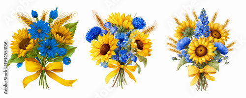 Watercolor bouquets showcasing sunflowers, blue flowers, and wheat, tied with yellow bows, representing cultural heritage, peace, and resilience of ukraine