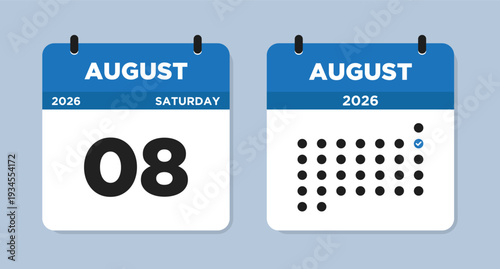 August 8 2026 (Saturday) Calendar page Vector Illustration. 8 August calendar page. Day calendar with date August 8. Modern Calendar template icon. Week Starts on Sunday. Checklist day calendar.