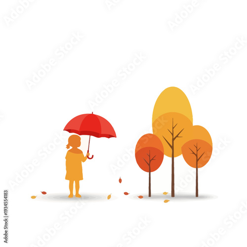Child with Red Umbrella in Autumn Park, Falling Leaves, Fall Season Trees