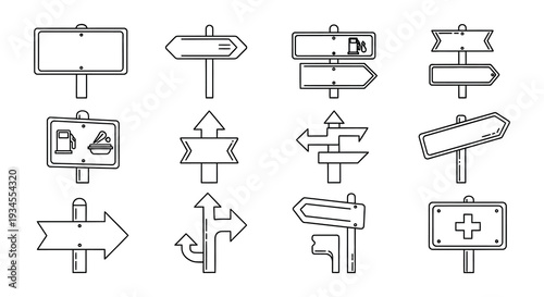 Collection of black and white line art road and direction signs