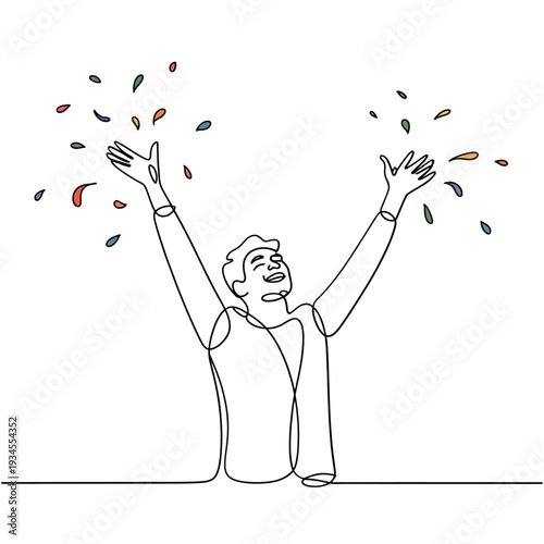 A linear drawing of a man joyfully reaching for falling confetti