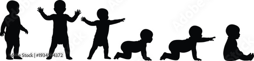 Baby development silhouettes set, crawling sitting standing toddler poses, infant milestone progression vector illustration isolated on white background
