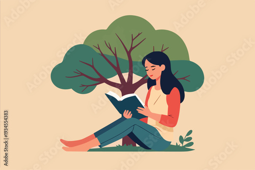 donna che legge un libro romanzo giallo sotto albero in campagna aperta sulla terra erba terreno vettoriale 