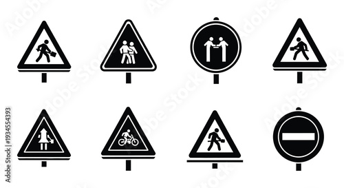 Collection of black and white traffic warning and prohibition signs