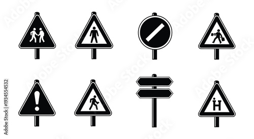 Collection of black and white traffic warning and prohibition signs