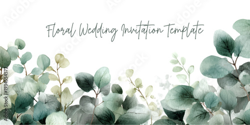 Watercolor eucalyptus branches form a delicate green border on white, perfect for wedding invitations, save the date cards, stationery and elegant botanical event designs